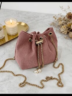 Affordable Fashion Finds Dusty Pink Corduroy Mini Bucket Bag with Gold Chain